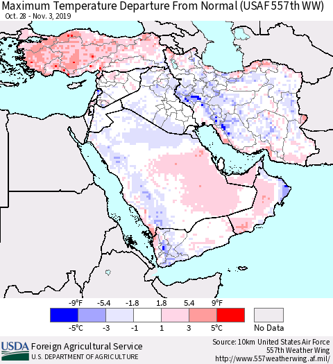 Middle East and Turkey Mean Maximum Temperature Departure from Normal (USAF 557th WW) Thematic Map For 10/28/2019 - 11/3/2019