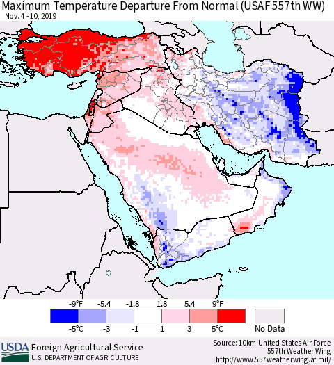 Middle East and Turkey Mean Maximum Temperature Departure from Normal (USAF 557th WW) Thematic Map For 11/4/2019 - 11/10/2019