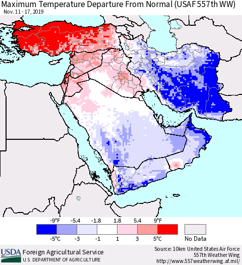 Middle East and Turkey Mean Maximum Temperature Departure from Normal (USAF 557th WW) Thematic Map For 11/11/2019 - 11/17/2019