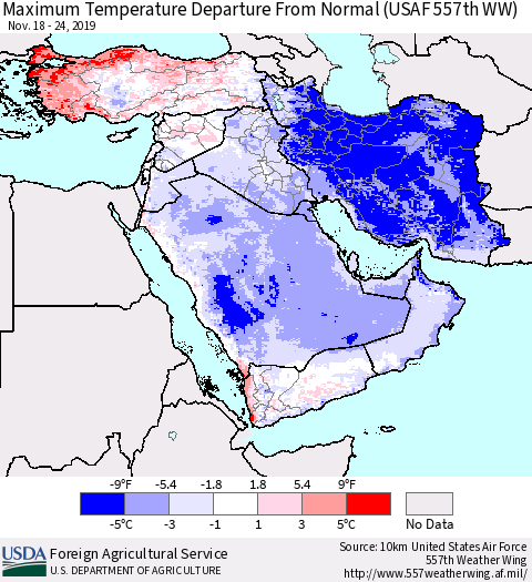 Middle East and Turkey Mean Maximum Temperature Departure from Normal (USAF 557th WW) Thematic Map For 11/18/2019 - 11/24/2019