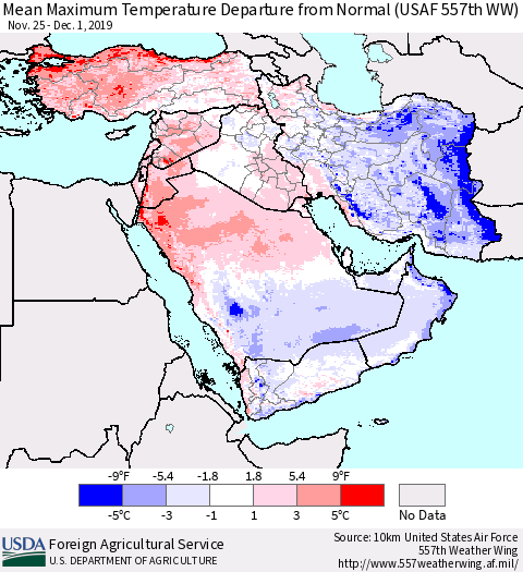 Middle East and Turkey Mean Maximum Temperature Departure from Normal (USAF 557th WW) Thematic Map For 11/25/2019 - 12/1/2019