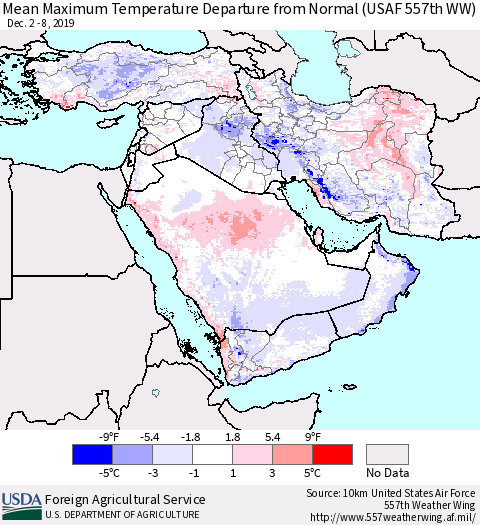 Middle East and Turkey Mean Maximum Temperature Departure from Normal (USAF 557th WW) Thematic Map For 12/2/2019 - 12/8/2019