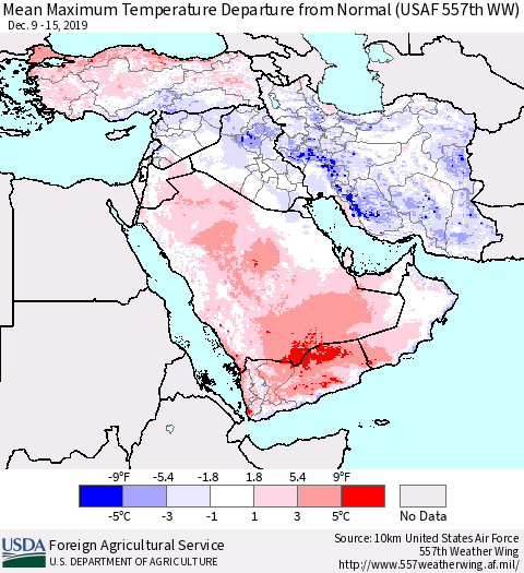 Middle East and Turkey Mean Maximum Temperature Departure from Normal (USAF 557th WW) Thematic Map For 12/9/2019 - 12/15/2019