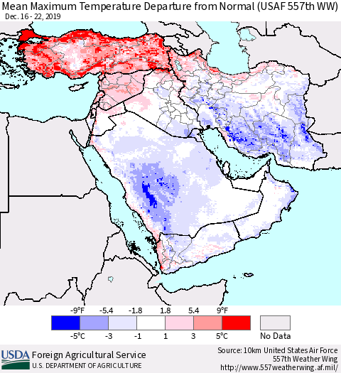 Middle East and Turkey Mean Maximum Temperature Departure from Normal (USAF 557th WW) Thematic Map For 12/16/2019 - 12/22/2019