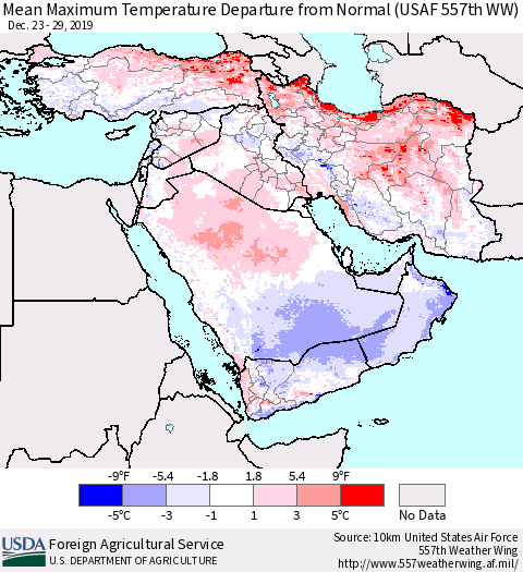 Middle East and Turkey Mean Maximum Temperature Departure from Normal (USAF 557th WW) Thematic Map For 12/23/2019 - 12/29/2019