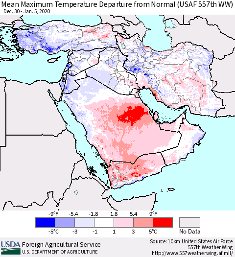 Middle East and Turkey Mean Maximum Temperature Departure from Normal (USAF 557th WW) Thematic Map For 12/30/2019 - 1/5/2020