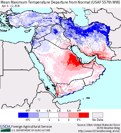 Middle East and Turkey Mean Maximum Temperature Departure from Normal (USAF 557th WW) Thematic Map For 4/6/2020 - 4/12/2020