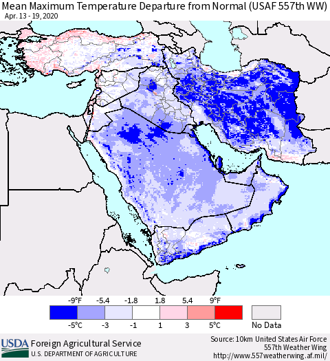 Middle East and Turkey Mean Maximum Temperature Departure from Normal (USAF 557th WW) Thematic Map For 4/13/2020 - 4/19/2020