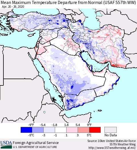 Middle East and Turkey Mean Maximum Temperature Departure from Normal (USAF 557th WW) Thematic Map For 4/20/2020 - 4/26/2020