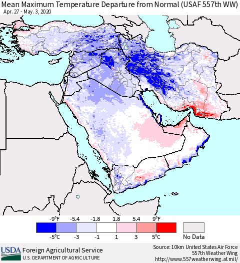 Middle East and Turkey Mean Maximum Temperature Departure from Normal (USAF 557th WW) Thematic Map For 4/27/2020 - 5/3/2020