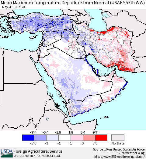 Middle East and Turkey Mean Maximum Temperature Departure from Normal (USAF 557th WW) Thematic Map For 5/4/2020 - 5/10/2020