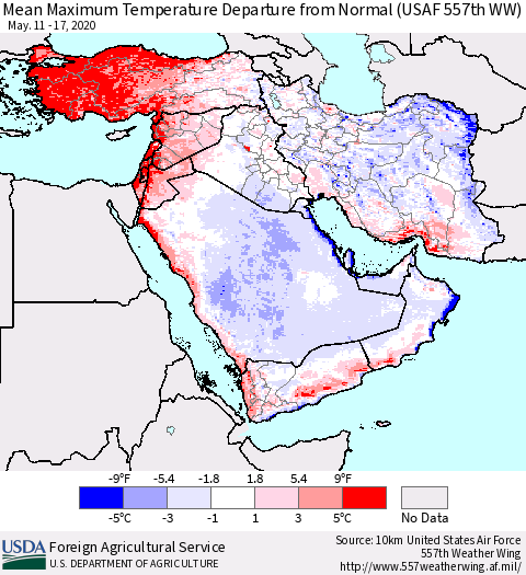 Middle East and Turkey Mean Maximum Temperature Departure from Normal (USAF 557th WW) Thematic Map For 5/11/2020 - 5/17/2020