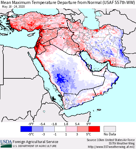 Middle East and Turkey Mean Maximum Temperature Departure from Normal (USAF 557th WW) Thematic Map For 5/18/2020 - 5/24/2020
