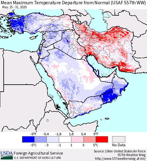 Middle East and Turkey Mean Maximum Temperature Departure from Normal (USAF 557th WW) Thematic Map For 5/25/2020 - 5/31/2020