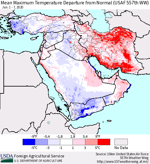 Middle East and Turkey Mean Maximum Temperature Departure from Normal (USAF 557th WW) Thematic Map For 6/1/2020 - 6/7/2020