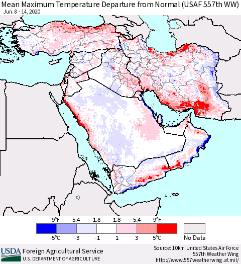 Middle East and Turkey Mean Maximum Temperature Departure from Normal (USAF 557th WW) Thematic Map For 6/8/2020 - 6/14/2020
