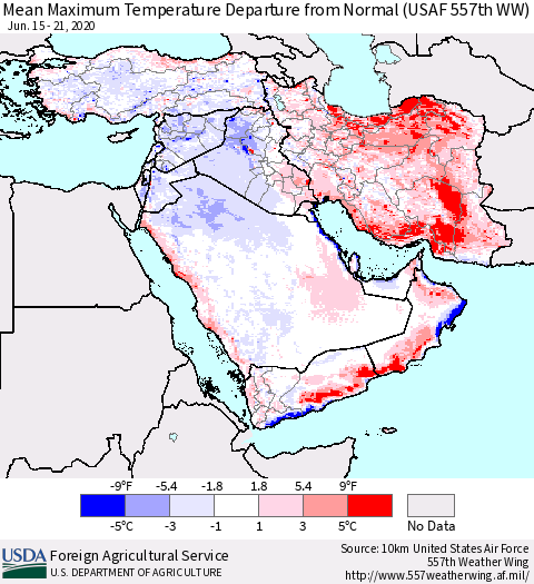 Middle East and Turkey Mean Maximum Temperature Departure from Normal (USAF 557th WW) Thematic Map For 6/15/2020 - 6/21/2020