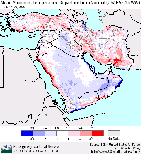 Middle East and Turkey Mean Maximum Temperature Departure from Normal (USAF 557th WW) Thematic Map For 6/22/2020 - 6/28/2020