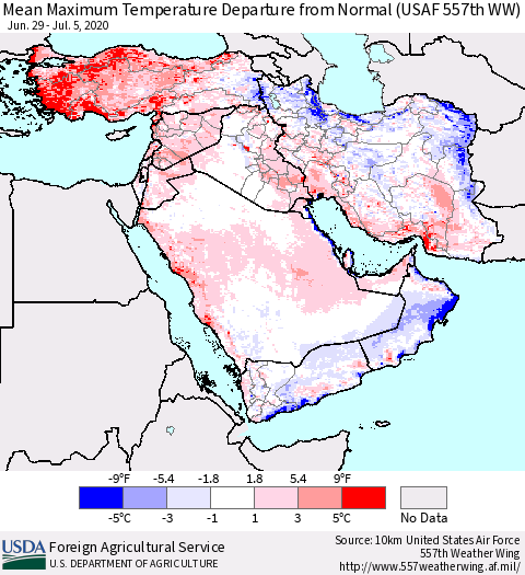 Middle East and Turkey Mean Maximum Temperature Departure from Normal (USAF 557th WW) Thematic Map For 6/29/2020 - 7/5/2020