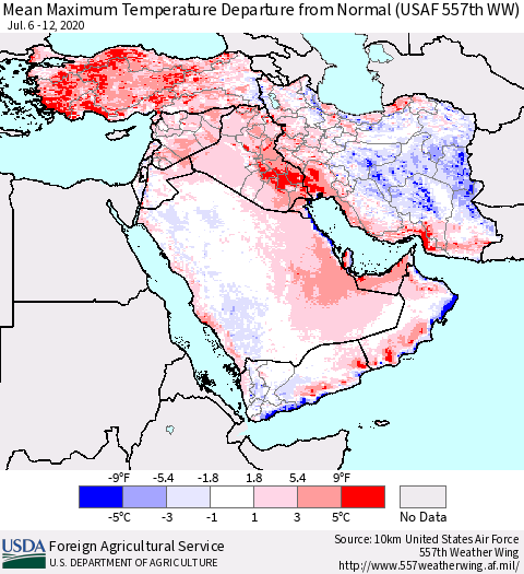 Middle East and Turkey Mean Maximum Temperature Departure from Normal (USAF 557th WW) Thematic Map For 7/6/2020 - 7/12/2020