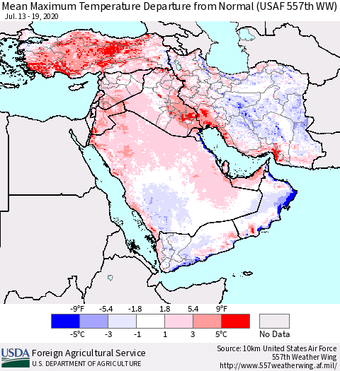 Middle East and Turkey Mean Maximum Temperature Departure from Normal (USAF 557th WW) Thematic Map For 7/13/2020 - 7/19/2020