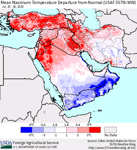 Middle East and Turkey Mean Maximum Temperature Departure from Normal (USAF 557th WW) Thematic Map For 7/20/2020 - 7/26/2020