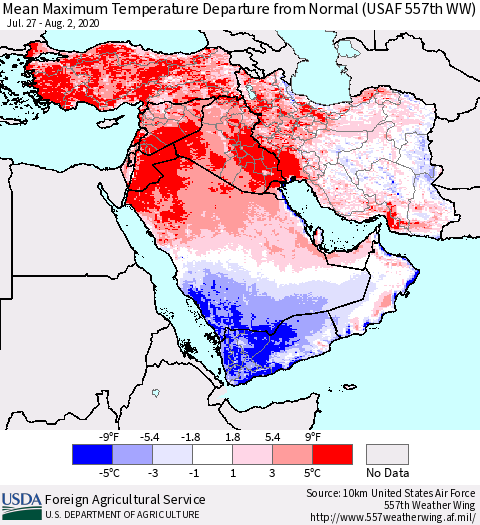 Middle East and Turkey Mean Maximum Temperature Departure from Normal (USAF 557th WW) Thematic Map For 7/27/2020 - 8/2/2020