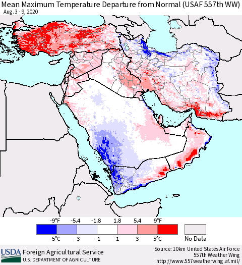 Middle East and Turkey Mean Maximum Temperature Departure from Normal (USAF 557th WW) Thematic Map For 8/3/2020 - 8/9/2020