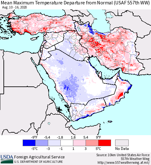 Middle East and Turkey Mean Maximum Temperature Departure from Normal (USAF 557th WW) Thematic Map For 8/10/2020 - 8/16/2020