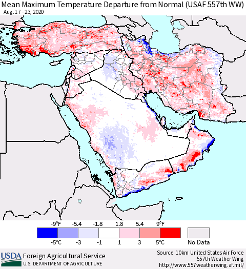 Middle East and Turkey Mean Maximum Temperature Departure from Normal (USAF 557th WW) Thematic Map For 8/17/2020 - 8/23/2020