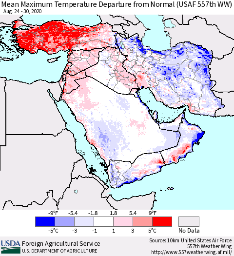 Middle East and Turkey Mean Maximum Temperature Departure from Normal (USAF 557th WW) Thematic Map For 8/24/2020 - 8/30/2020
