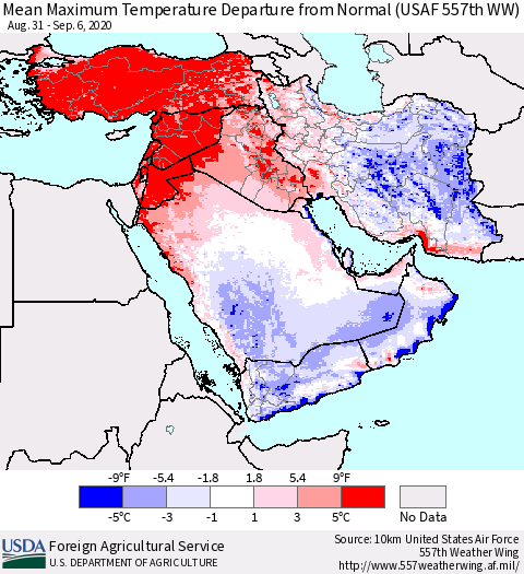 Middle East and Turkey Mean Maximum Temperature Departure from Normal (USAF 557th WW) Thematic Map For 8/31/2020 - 9/6/2020