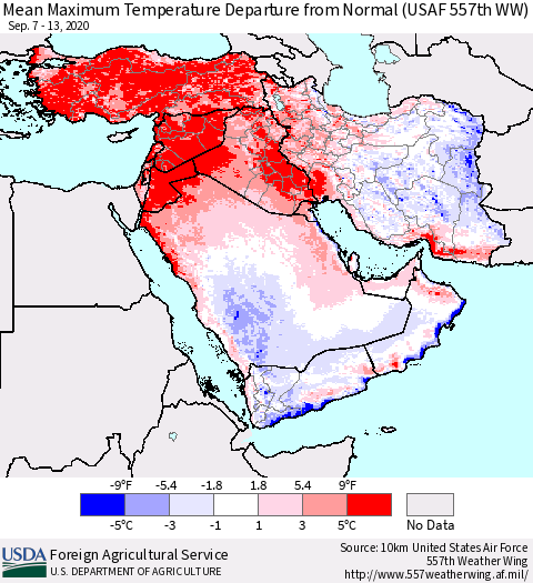 Middle East and Turkey Mean Maximum Temperature Departure from Normal (USAF 557th WW) Thematic Map For 9/7/2020 - 9/13/2020