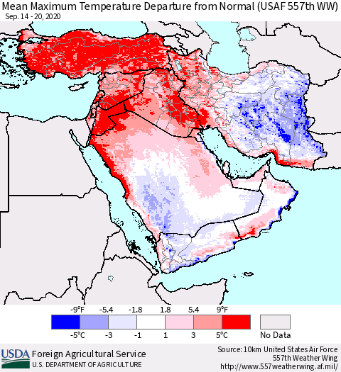Middle East and Turkey Mean Maximum Temperature Departure from Normal (USAF 557th WW) Thematic Map For 9/14/2020 - 9/20/2020