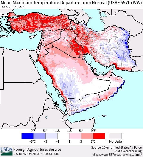 Middle East and Turkey Mean Maximum Temperature Departure from Normal (USAF 557th WW) Thematic Map For 9/21/2020 - 9/27/2020