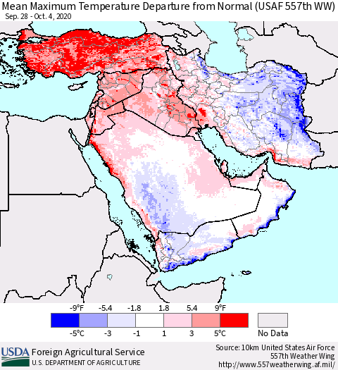Middle East and Turkey Mean Maximum Temperature Departure from Normal (USAF 557th WW) Thematic Map For 9/28/2020 - 10/4/2020