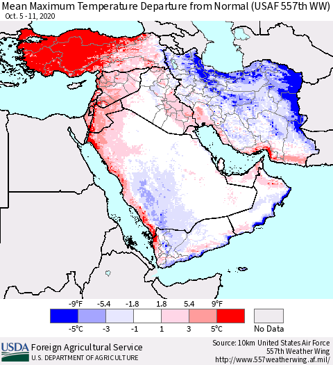 Middle East and Turkey Mean Maximum Temperature Departure from Normal (USAF 557th WW) Thematic Map For 10/5/2020 - 10/11/2020
