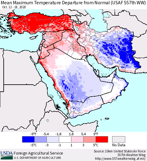Middle East and Turkey Mean Maximum Temperature Departure from Normal (USAF 557th WW) Thematic Map For 10/12/2020 - 10/18/2020