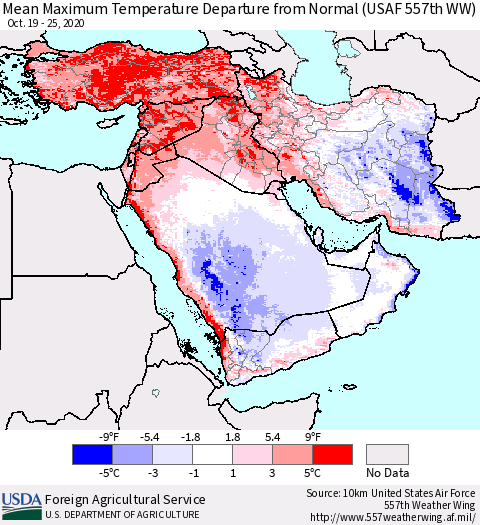 Middle East and Turkey Mean Maximum Temperature Departure from Normal (USAF 557th WW) Thematic Map For 10/19/2020 - 10/25/2020