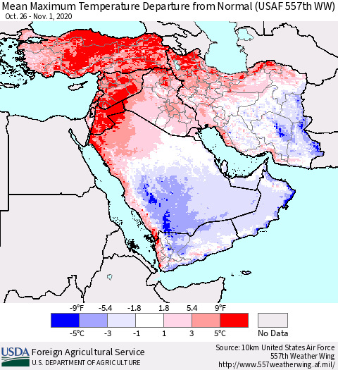 Middle East and Turkey Mean Maximum Temperature Departure from Normal (USAF 557th WW) Thematic Map For 10/26/2020 - 11/1/2020