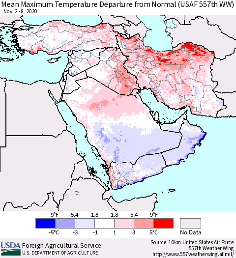 Middle East and Turkey Mean Maximum Temperature Departure from Normal (USAF 557th WW) Thematic Map For 11/2/2020 - 11/8/2020