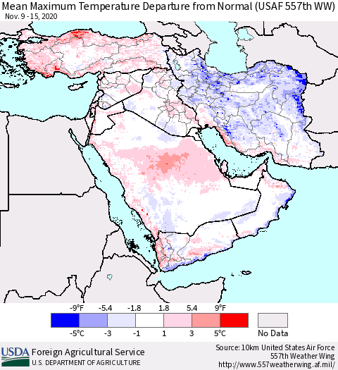 Middle East and Turkey Mean Maximum Temperature Departure from Normal (USAF 557th WW) Thematic Map For 11/9/2020 - 11/15/2020