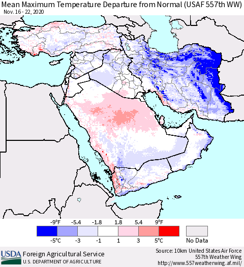 Middle East and Turkey Mean Maximum Temperature Departure from Normal (USAF 557th WW) Thematic Map For 11/16/2020 - 11/22/2020