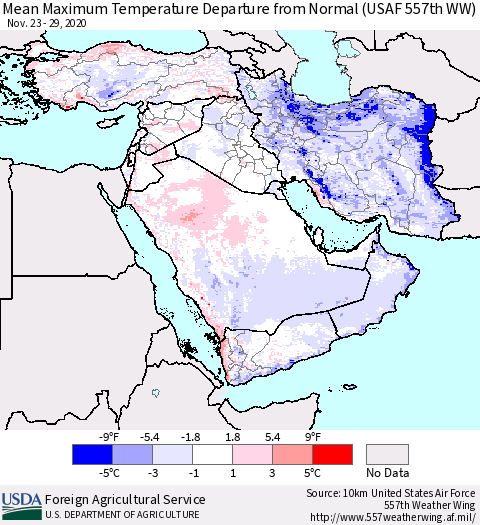 Middle East and Turkey Mean Maximum Temperature Departure from Normal (USAF 557th WW) Thematic Map For 11/23/2020 - 11/29/2020