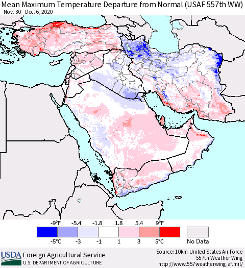 Middle East and Turkey Mean Maximum Temperature Departure from Normal (USAF 557th WW) Thematic Map For 11/30/2020 - 12/6/2020