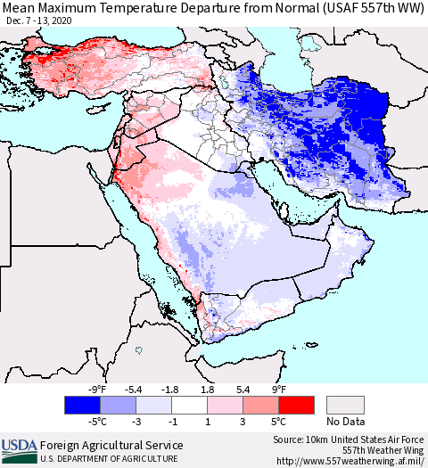 Middle East and Turkey Mean Maximum Temperature Departure from Normal (USAF 557th WW) Thematic Map For 12/7/2020 - 12/13/2020