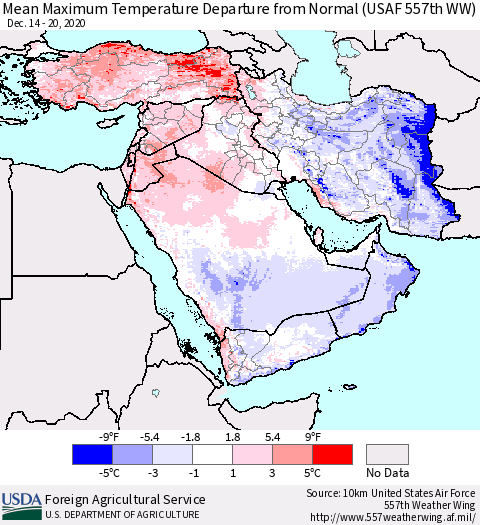 Middle East and Turkey Mean Maximum Temperature Departure from Normal (USAF 557th WW) Thematic Map For 12/14/2020 - 12/20/2020