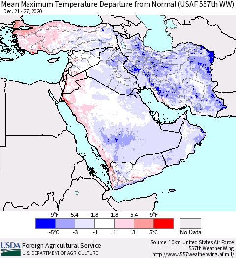 Middle East and Turkey Mean Maximum Temperature Departure from Normal (USAF 557th WW) Thematic Map For 12/21/2020 - 12/27/2020