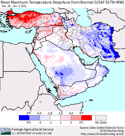 Middle East and Turkey Mean Maximum Temperature Departure from Normal (USAF 557th WW) Thematic Map For 12/28/2020 - 1/3/2021