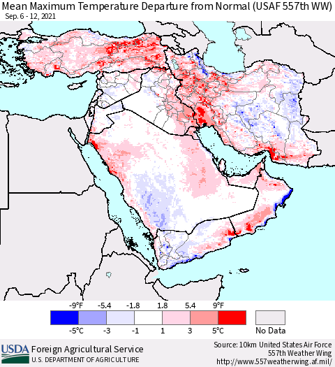 Middle East and Turkey Mean Maximum Temperature Departure from Normal (USAF 557th WW) Thematic Map For 9/6/2021 - 9/12/2021